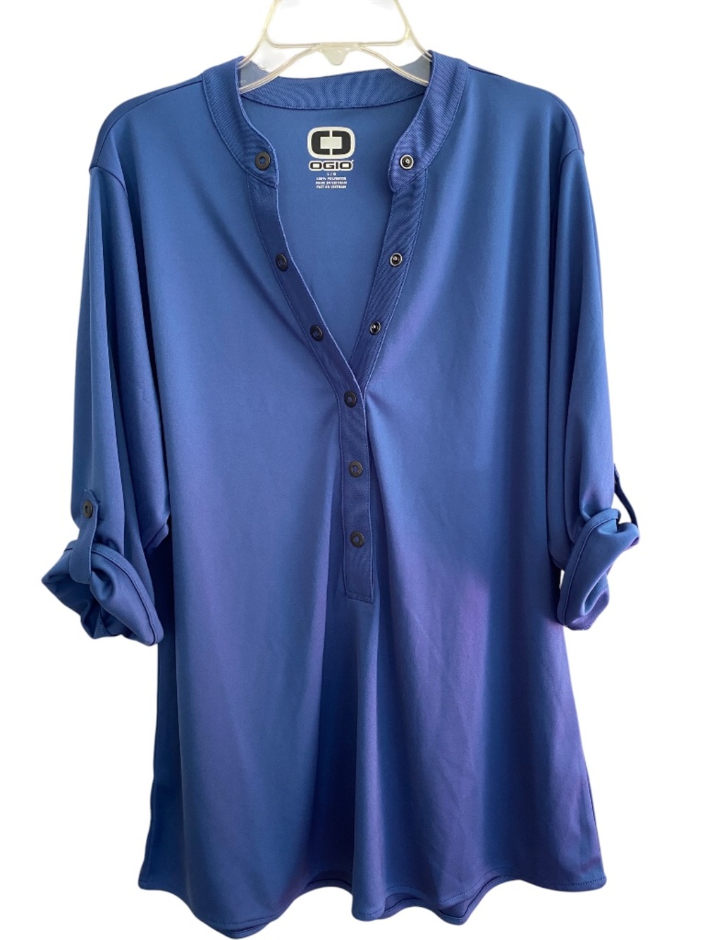 OGIO Blue  Indigo Crush Henley Top Size Women's LARGE Tab Buttoned 3/4 Sleeves